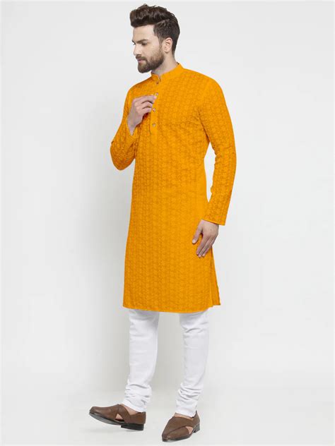 Lucknowi Jaal Embroidered Mustard Yellow Cotton Chikankari Kurta with ...
