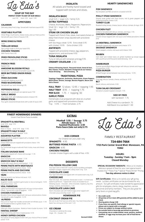 Menu at La Eda's Restaurant, Monessen