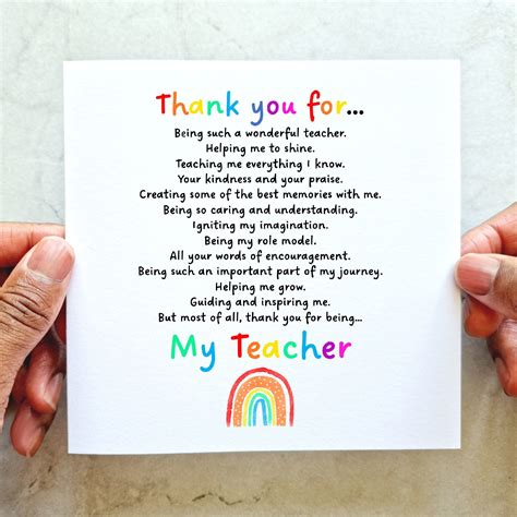 Poem Thank You Teacher Card - Thank You for - Teaching Assistant Card ...
