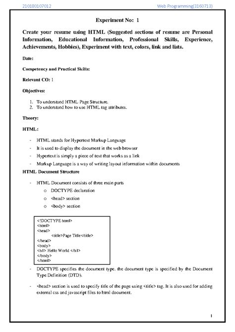 Practical 1 - Creating a Resume with HTML: Structure & Tags Explained ...