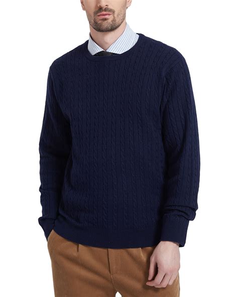 Kallspin Men's Wool Blend Crew Neck Cable-Knit Sweater, Navy Blue ...