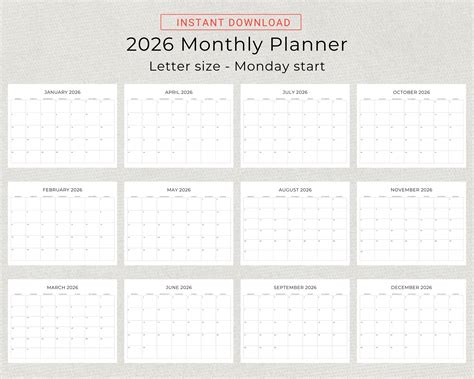 2026 Monthly Calendar PRINTABLE 2026 Monthly Planner Landscape 2026 ...