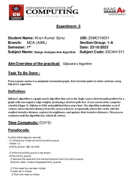 23MCI10031 Kiran Kumar Sahu daa.exp 5 Dijkastra - Experiment- 5 Student ...