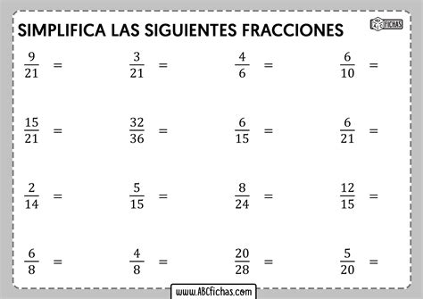 Ejercicios de Simplifiación de Fracciones para Imprimir