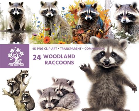 Buy 24 PNG Woodland Raccoons Clipart Cute and Baby Raccoon Animal ...