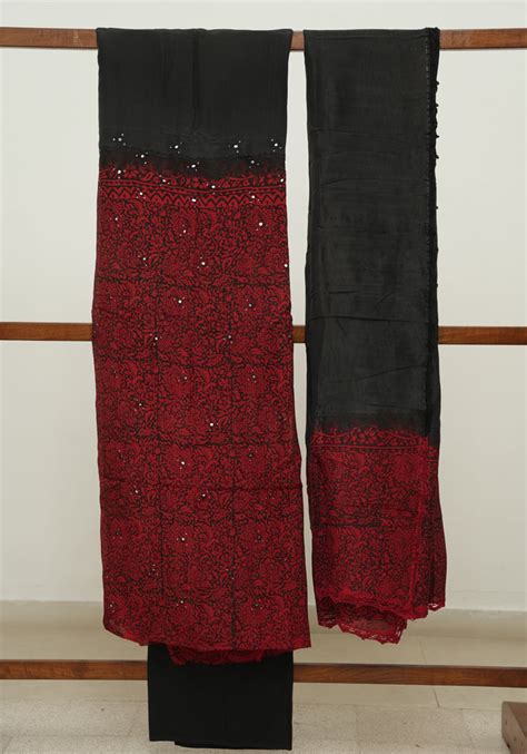 Red and Black Unstitched Blockprinted Semi Organza Salwar Set With ...