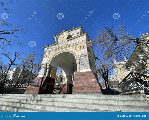 Vladivostok, Russia, January, 31, 2022. Triumphal Nicholas Arch of the Tsesarevich. Vladivostok ...