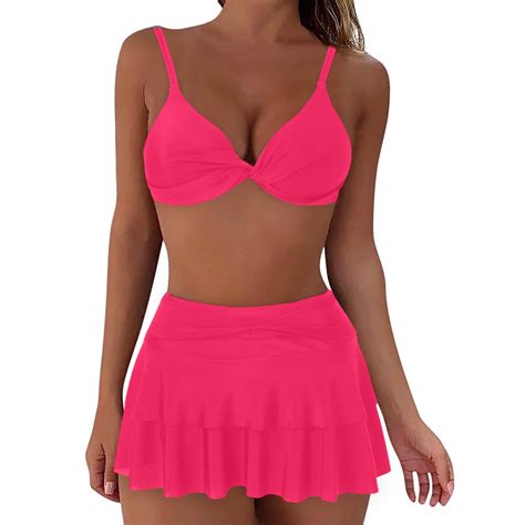 WREESH Womens Swim Skirt Bikini Sets Bikini Solid Splicing Two-Piece ...