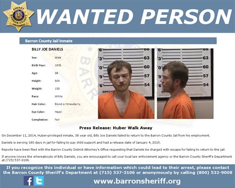 Barron County Sheriff's Department - Press Release: Huber Walk Away On ...