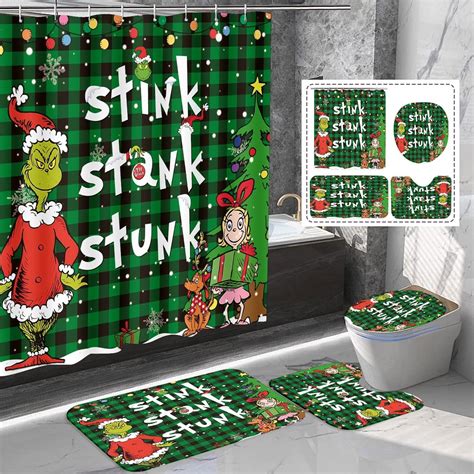 Grinch Shower Curtain Sets 4PCS, Grinch Bathroom Sets Christmas ...