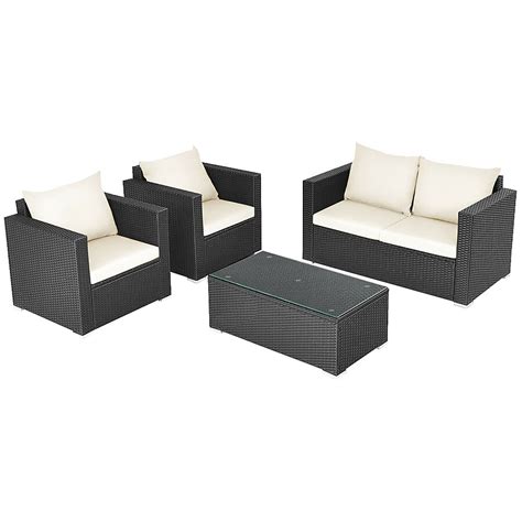 LIVIZA 4-Piece Rattan Patio Conversation Set with Off-white Cushions ...