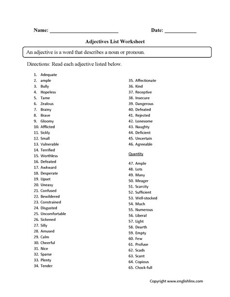 Adjectives List Worksheets | Printable Regular Adjective Reference