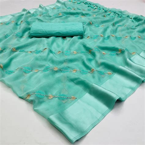Turquoise Embroidered Chiffon Saree