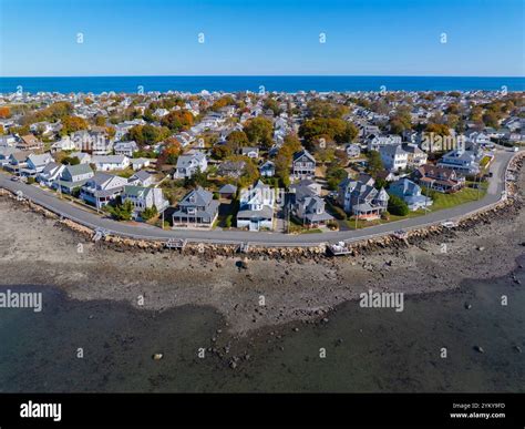 Historic waterfront house aerial view at village of Allerton in Hingham ...
