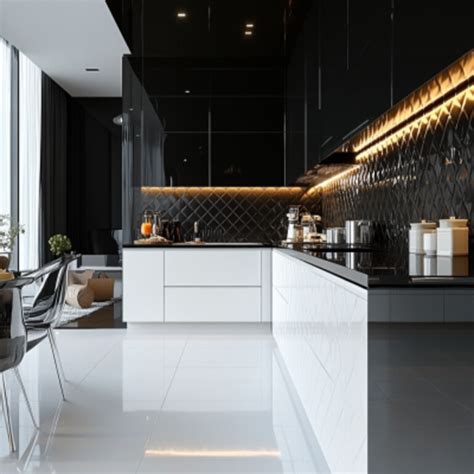Stylish Black and White Ceramic Kitchen Tiles Design with Geometric Pattern