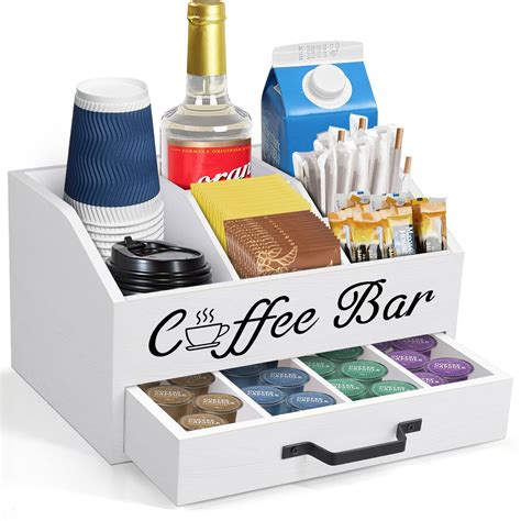 Esbainia Wood Coffee Bar Organizer with Drawer Countertop, Rustic ...
