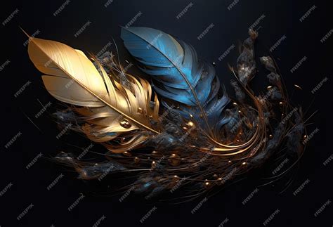 A dark image of an abstract golden feather in the style of realism with ...