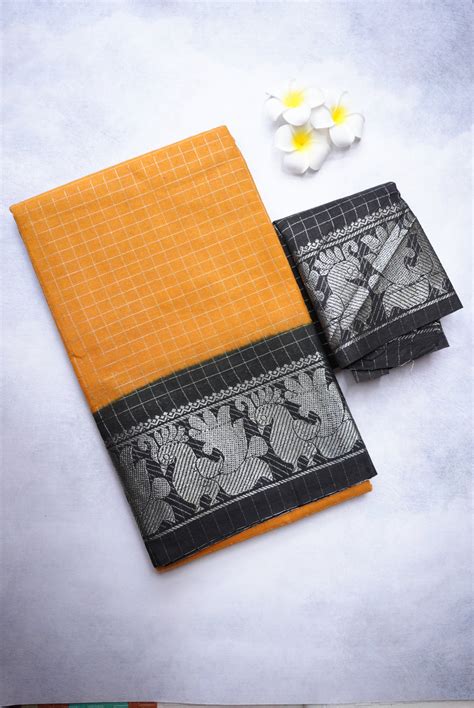 Sungudi Silver Zari Checked Mustard Yellow Saree with Black Border ...