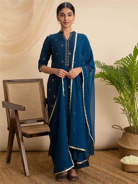 Buy Teal Printed Rayon Straight Kurta With Palazzos & Dupatta Online at ...