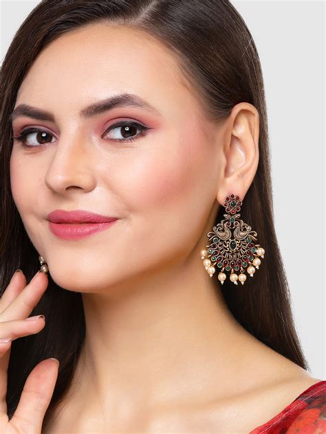 KARATCART Gold Plated Kundan Dangler Red and Green Earrings for Women