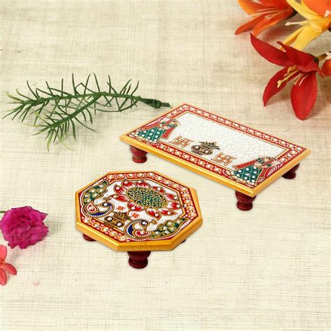 Handicrafts Paradise Marble Rectangle and Octagonal Puja Chowki for ...