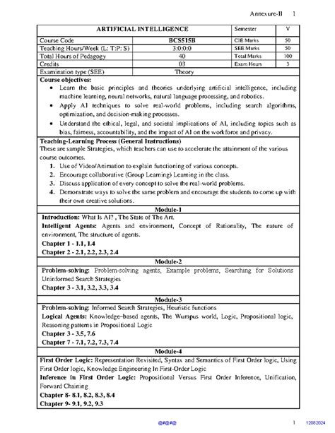 BCS515B Artificial Intelligence Syllabus - Semester 1 CIE & SEE Details ...
