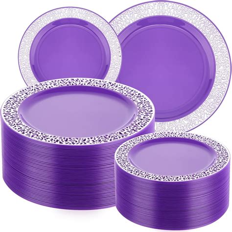 Amazon.com: Maxcheck 100 Pack Purple Silver Plastic Plates Disposable ...