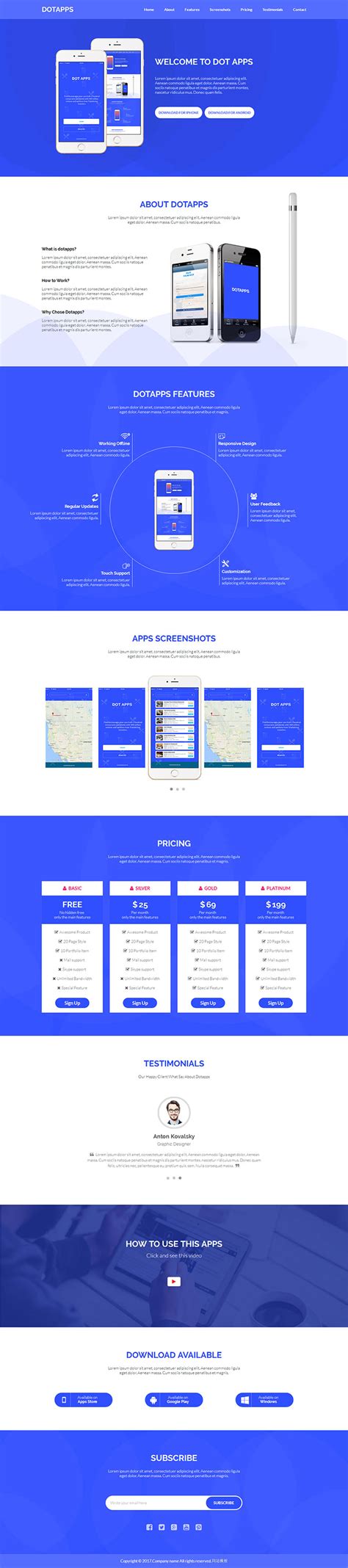 蓝色单页滚动APP手机软件宣传介绍页面网站模板 - 素材火
