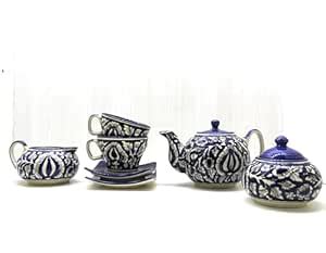 Buy Mirakii Ceramic Blue Printed 7 Piece Floral Tea Set No Strainer ...