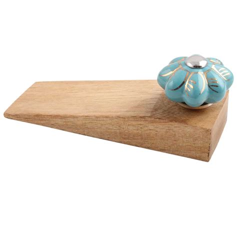 Light Blue Golden Leaf Big Melon Ceramic Wooden Door Stopper