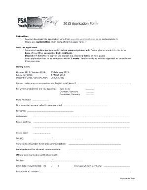 Fillable Online 2013 Application Form - FSA Youth Exchange Fax Email ...