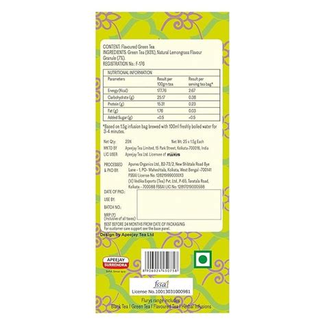 Flurys Green Tea Lemongrass 25 Bags - Detox Antioxidant Wellness Tea ...