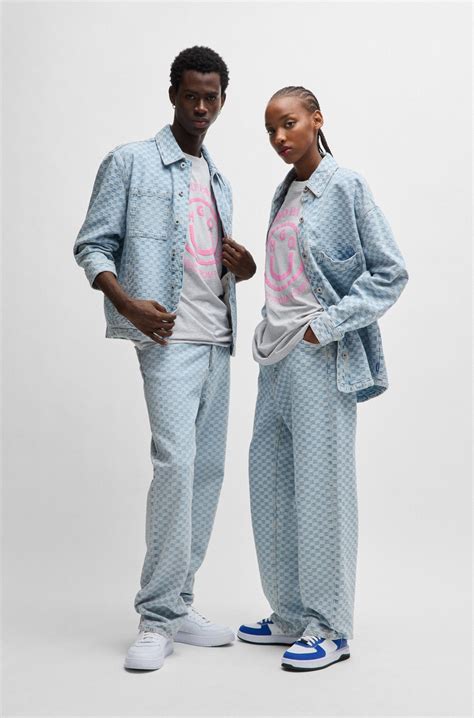 HUGO - Baggy-fit jeans in checkerboard denim - Light Blue