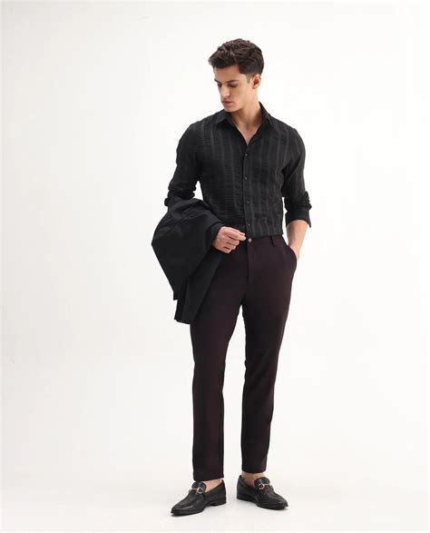 Rare Rabbit Men's Runek-25 Black Polyester Striped Print Regular Fit F