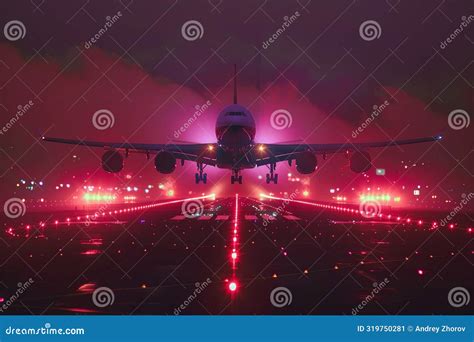A Large Jetliner Takes Off, Soaring Over a Brightly Lit Runway at Night, Showcasing the Power ...
