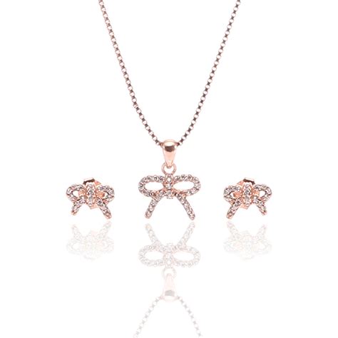 Sparkling Bow Pendant Necklace and Earrings Set - ARJW1010RG – ARCADIO