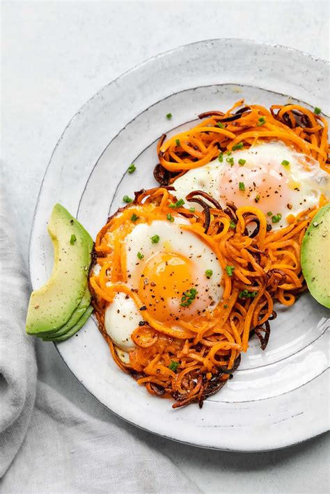 Spiralized sweet potato noodle egg nests - The Toasted Pine Nut