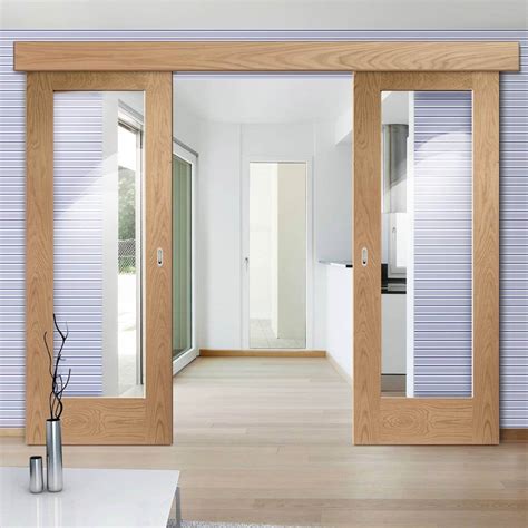 Double Sliding Door & Wall Track - Pattern 10 Oak 1 Pane Doors - Clear