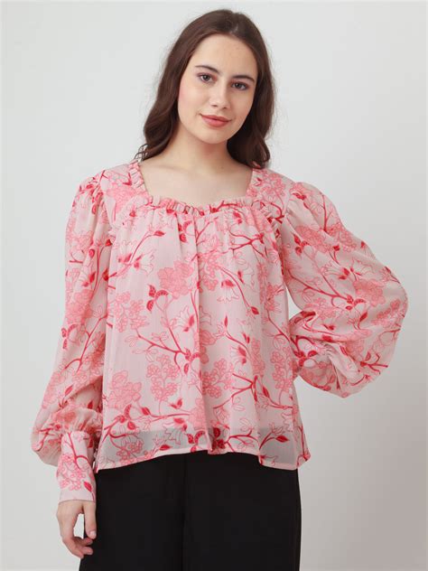 Pink Floral Print Gathered Top