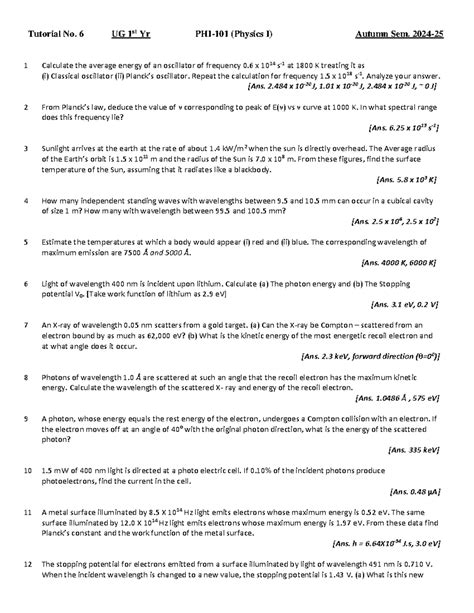 Tutorial 6 - tut - Tutorial No. 6 UG 1st Yr PHI-101 (Physics I) Autumn ...