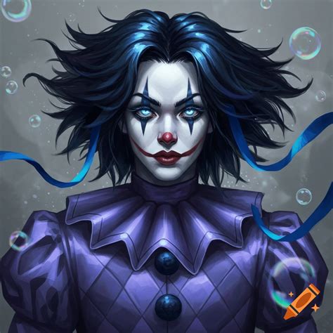 An anime-style character of a clown with dark blue hair, a white face with red and blue makeup ...