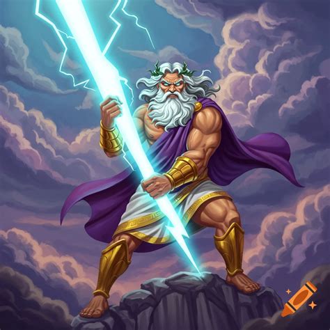 Illustration of Zeus holding a lightning bolt on a rock with clouds on ...