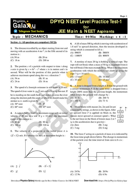 #NEET DPYQ Test Paper - 1 - Mechanics - Section - A : All questions are ...