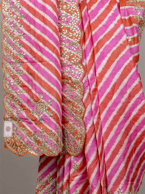 Baby Pink And Orange Embroidered Lehriya Saree in Pure Silk – Khatri ...