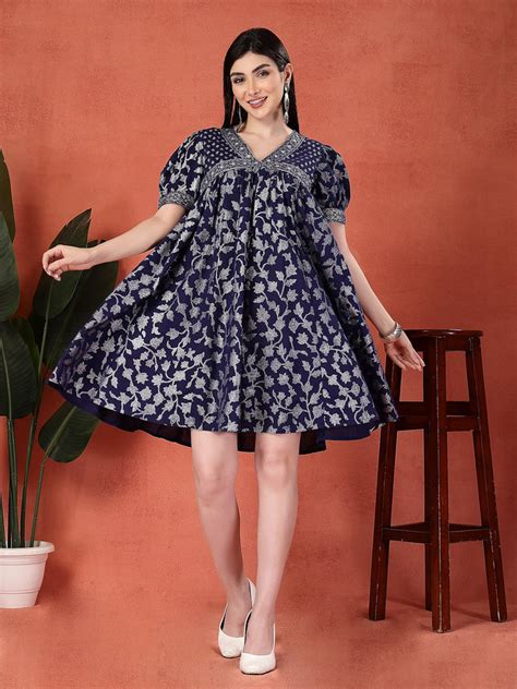 Women Blue Color Motif Printed Cotton V Neck Ethnic Dress ...
