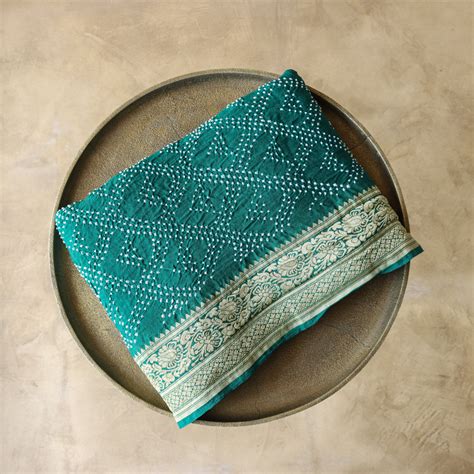 Teal Green Pure Georgette Banarasi Handloom Bandhani Dupatta - Tilfi