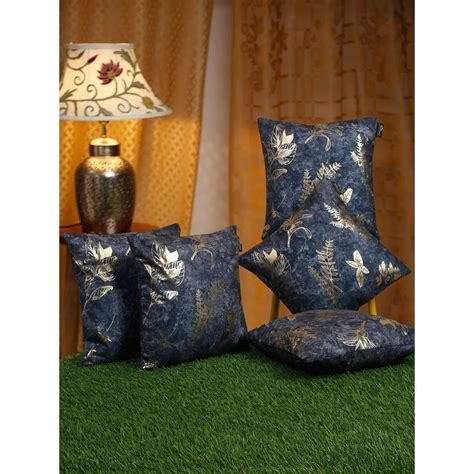 Buy HOSTA HOMES Blue & Gold-Toned 5 Pieces Floral Velvet Square Cushion ...