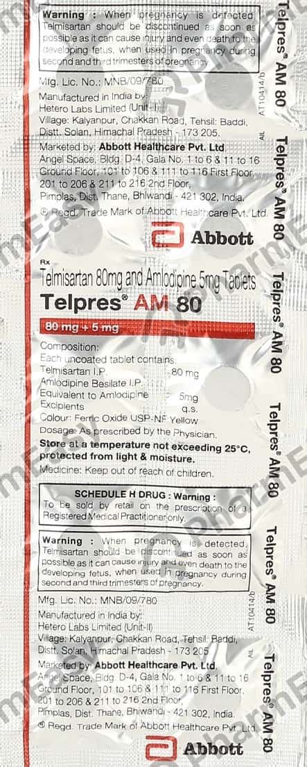 Telvas Am 80/5mg Strip Of 10 Tablets: Uses, Side Effects, Price, Dosage ...