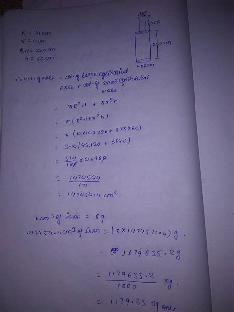 A solid iron pole consists of a cylinder of height 220 cm and the base ...