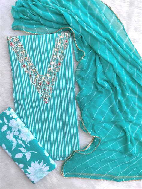 FLORAL PRINTED COTTON GOTA PATTI SUIT WITH CHIFFON DUPATTA – thestudiobagru
